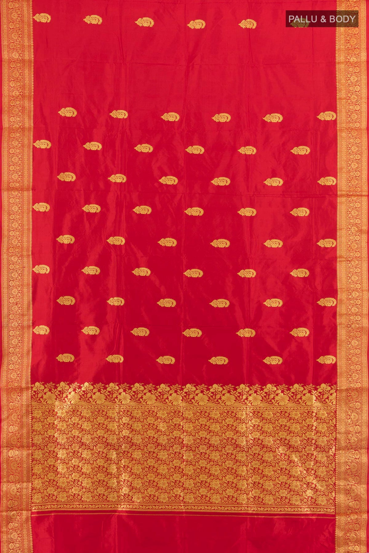 Flat view of Pure Silk Red Banarasi Katan Saree with Zari Butta on the body and Silk Border. 