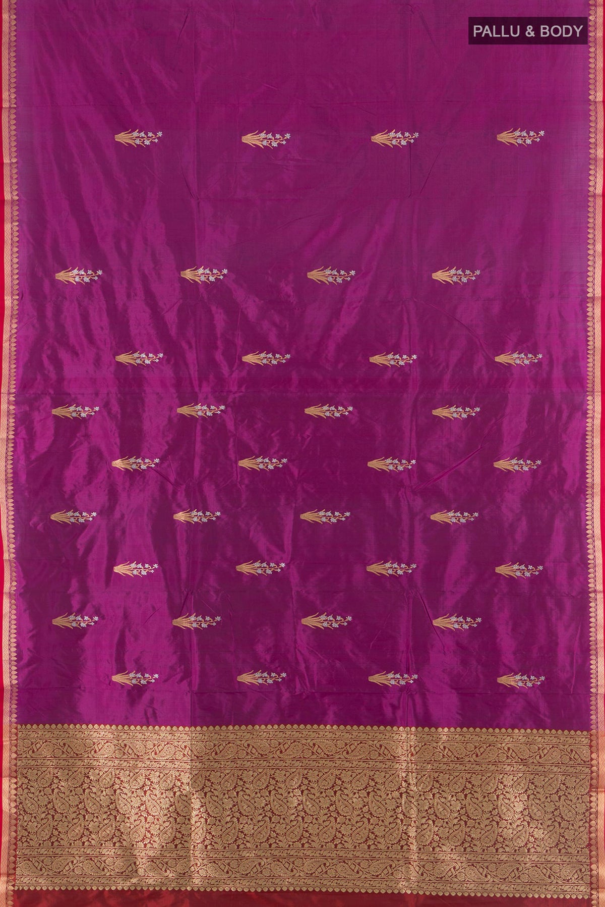 Flat view of Pure Silk Purple Banarasi Katan Saree with Zari Butta on the body and Zari Border. 