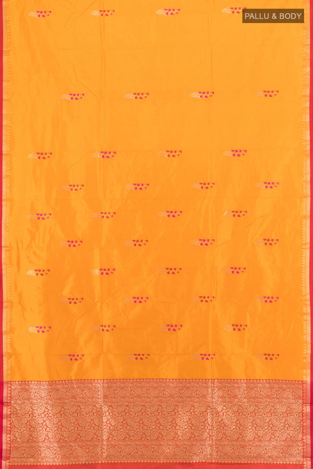 Flat view of Yellow Banarasi Katan Silk Saree with Zari Butta on the body and Silk Border. 