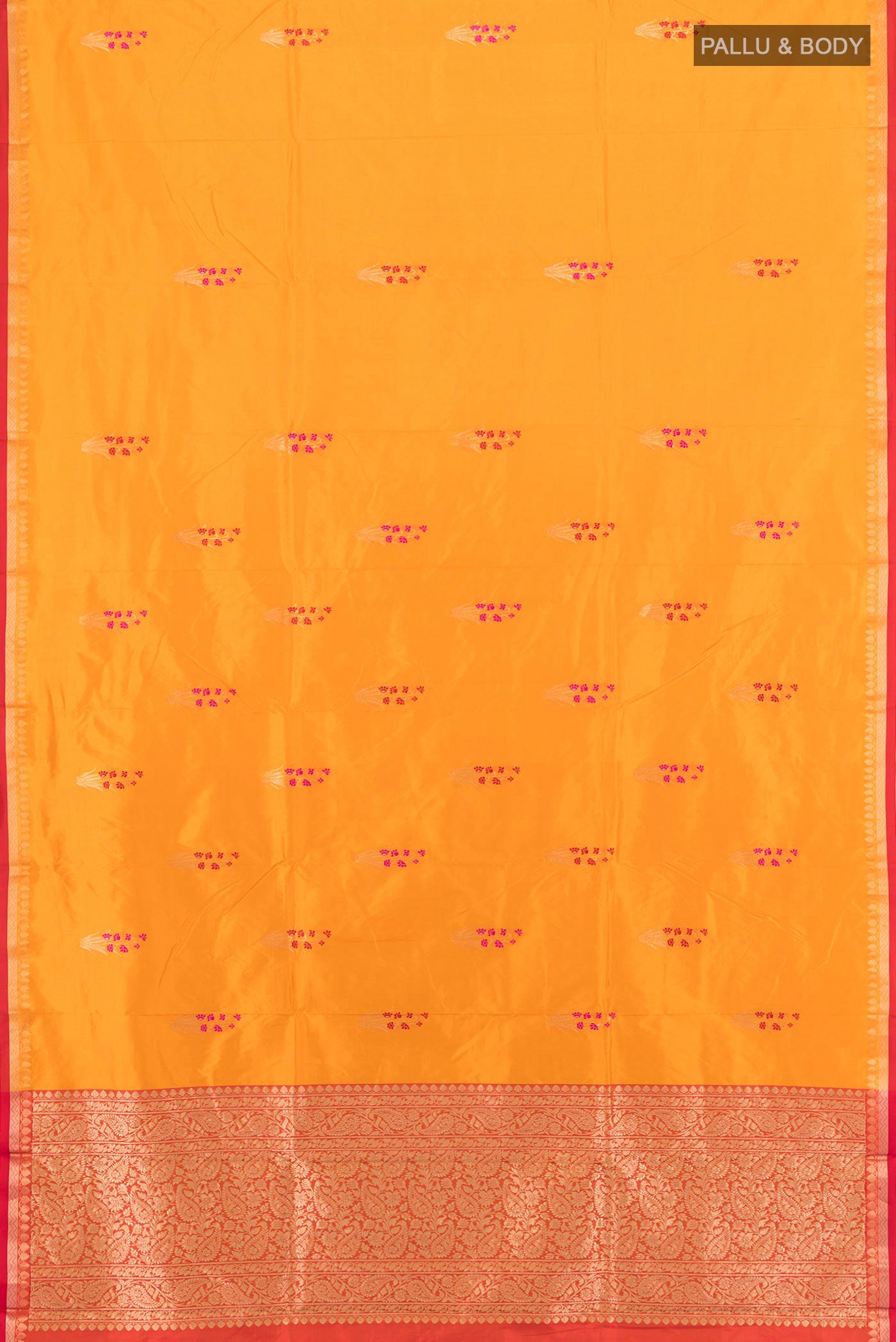 Flat view of Yellow Banarasi Katan Silk Saree with Zari Butta on the body and Silk Border. 