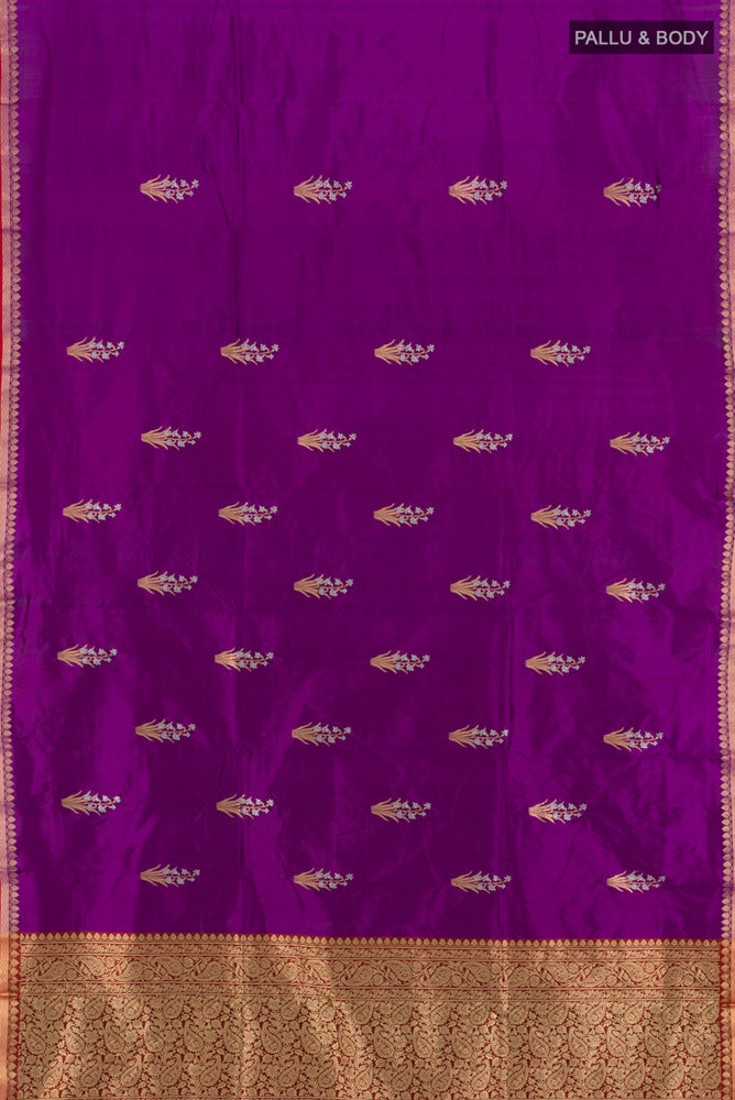 Flat view of Purple Banarasi Katan Silk Saree with Zari Butta on the body and Silk Border. 