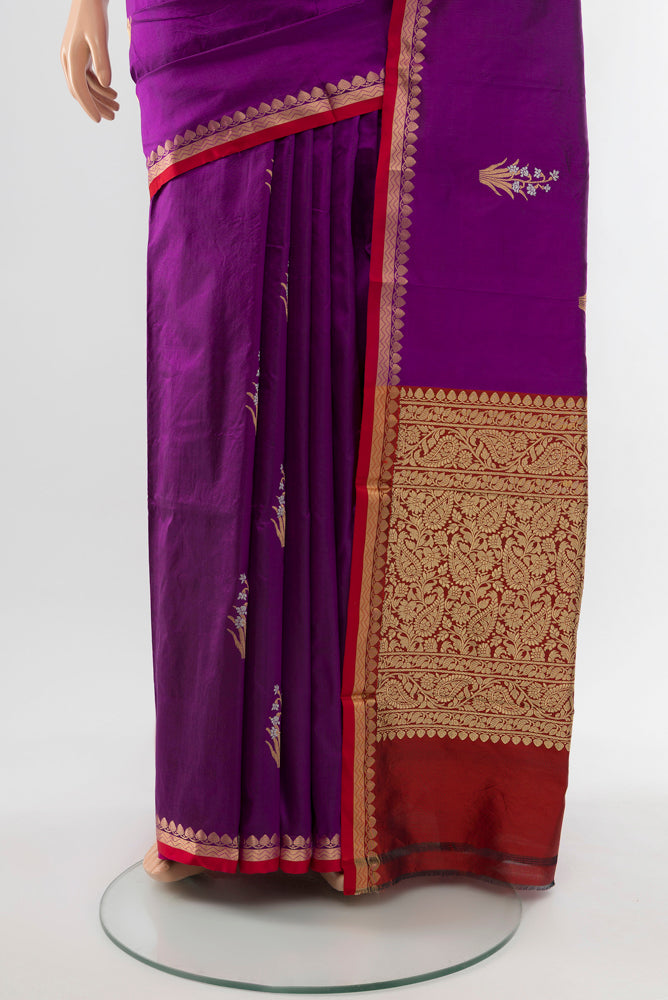 Pleats and pallu of Purple Banarasi Katan Silk Saree with Zari Butta on the body and Silk Border. 