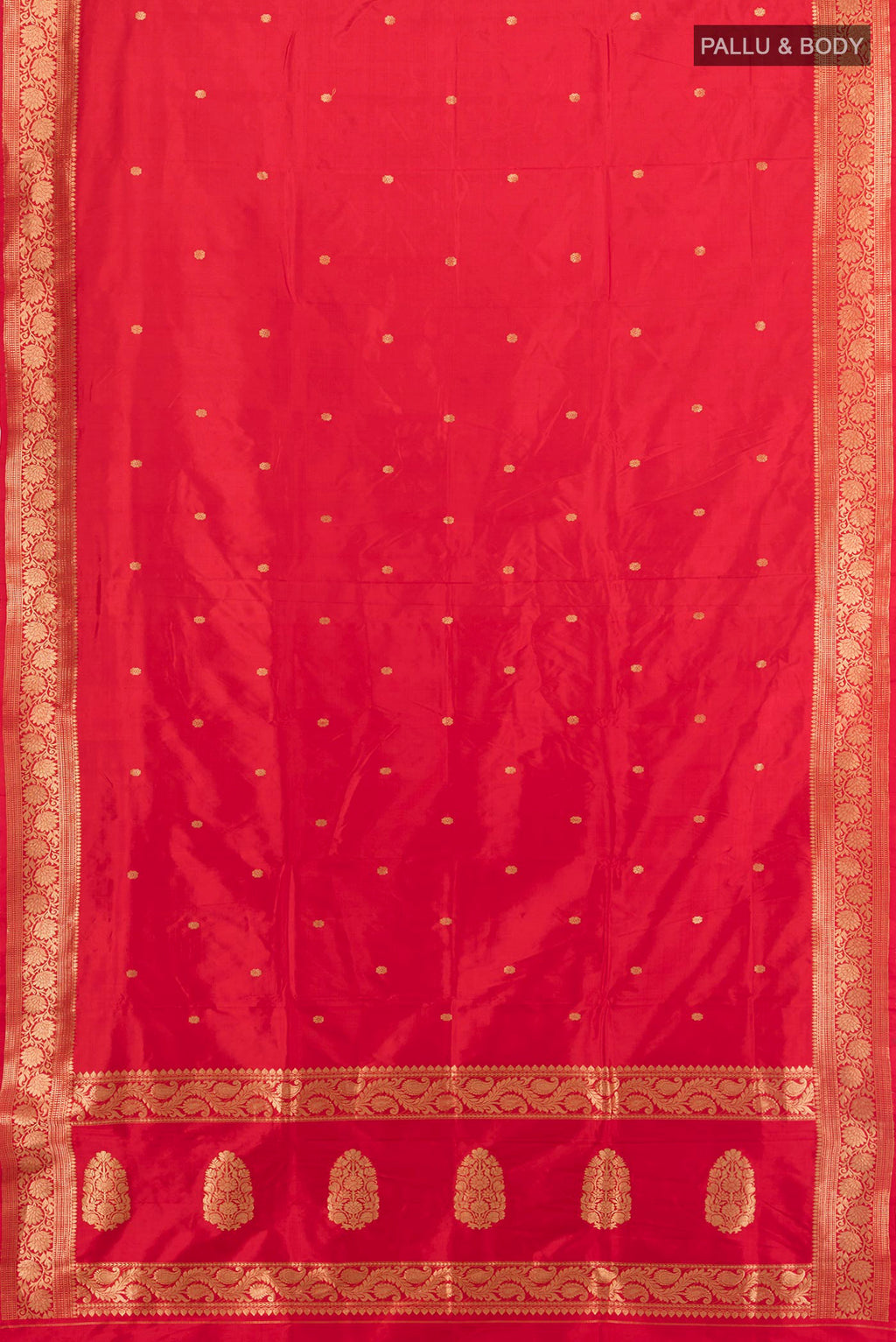 Flat view of Pure Silk Red Banarasi Katan Saree with Zari Butta on the body and Zari Border. 