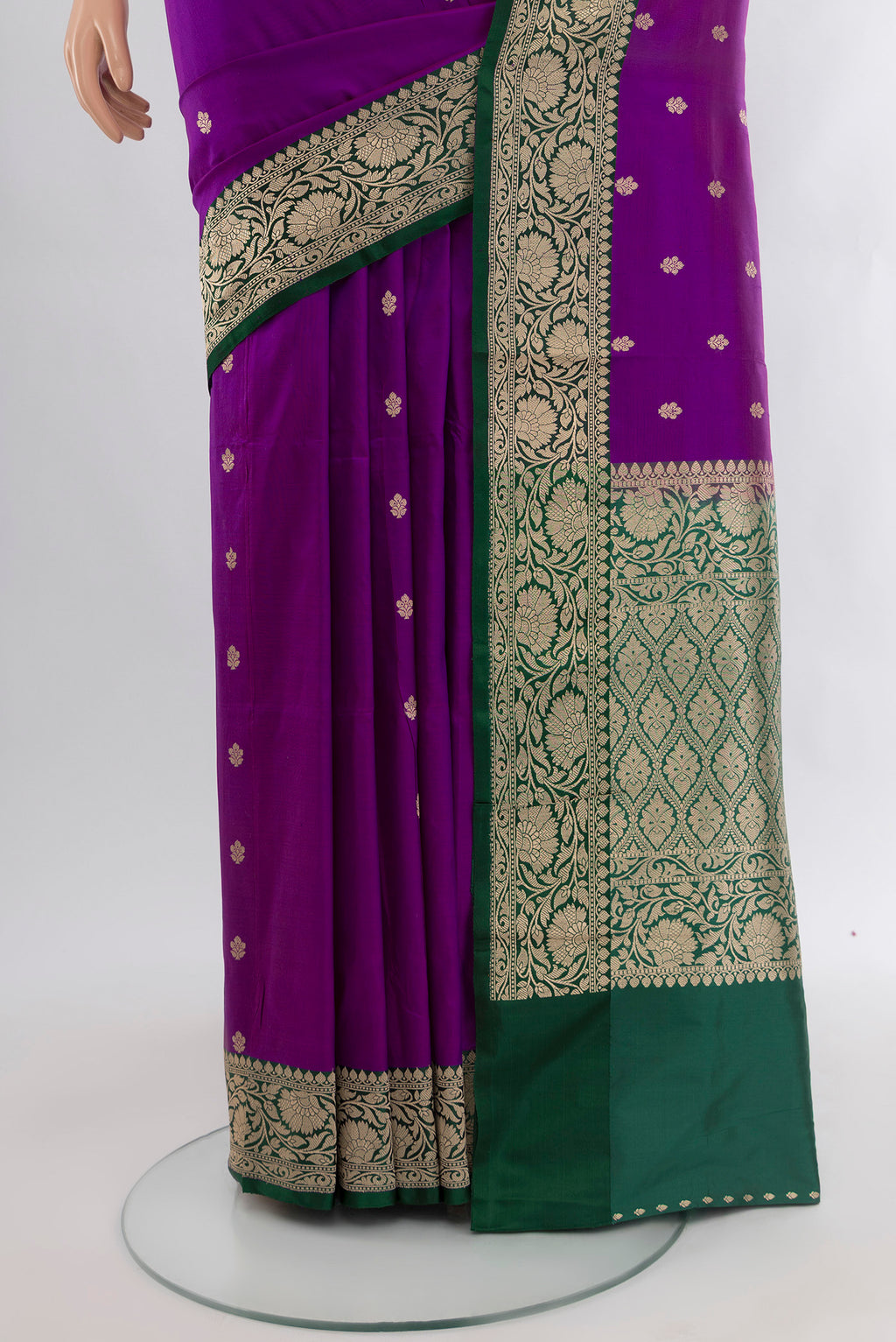 Pleats and pallu of Violet Banarasi Katan Silk Saree with Zari Butta on the body and Zari Border. 