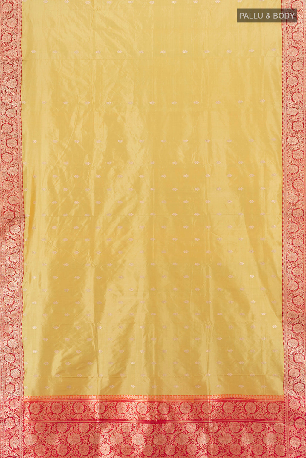 Flat view of Lemon Yellow Banarasi Katan Silk Saree with Zari Butta on the body and Zari Border. 