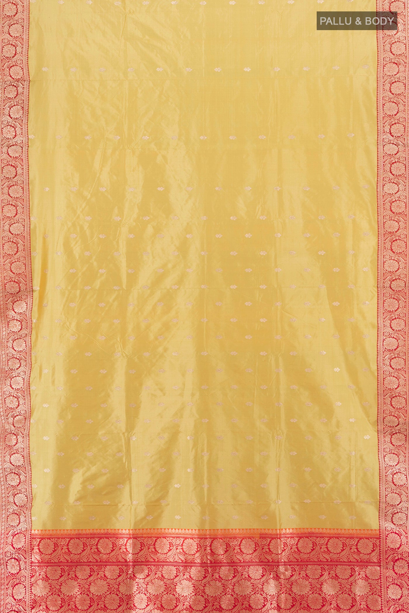 Flat view of Lemon Yellow Banarasi Katan Silk Saree with Zari Butta on the body and Zari Border. 