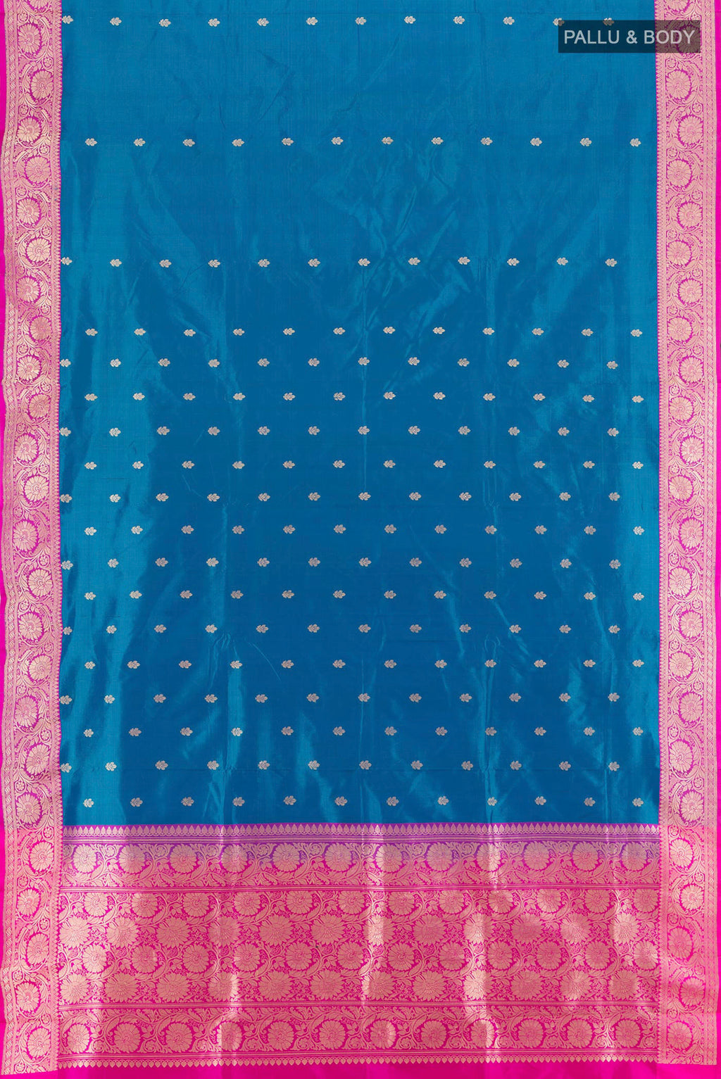 Flat view of Royal Blue Banarasi Katan Silk Saree with Zari Butta on the body and Zari Border. 