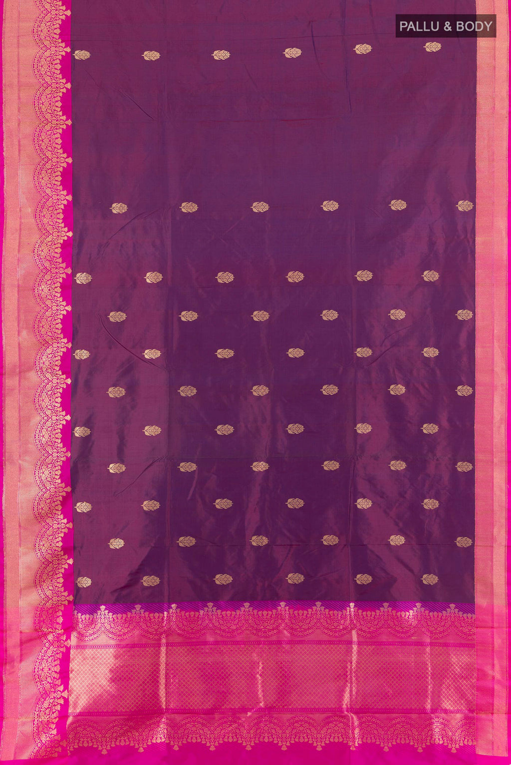 Flat view of Purple Banarasi Katan Silk Saree with Zari Butta on the body and Zari Border. 