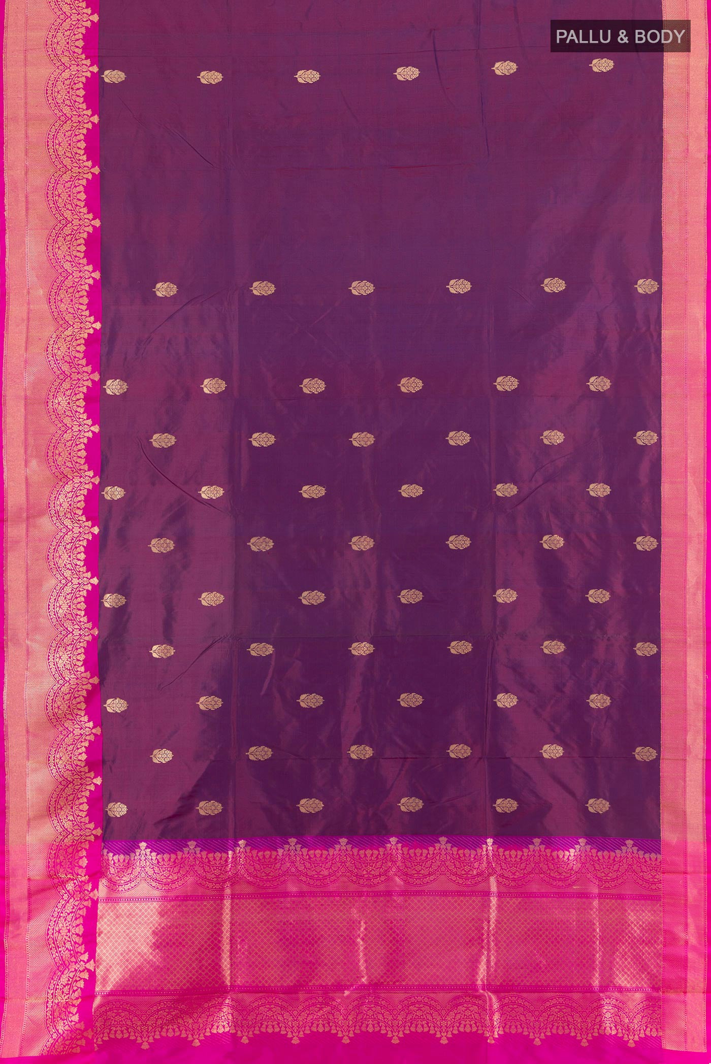 Flat view of Purple Banarasi Katan Silk Saree with Zari Butta on the body and Zari Border. 