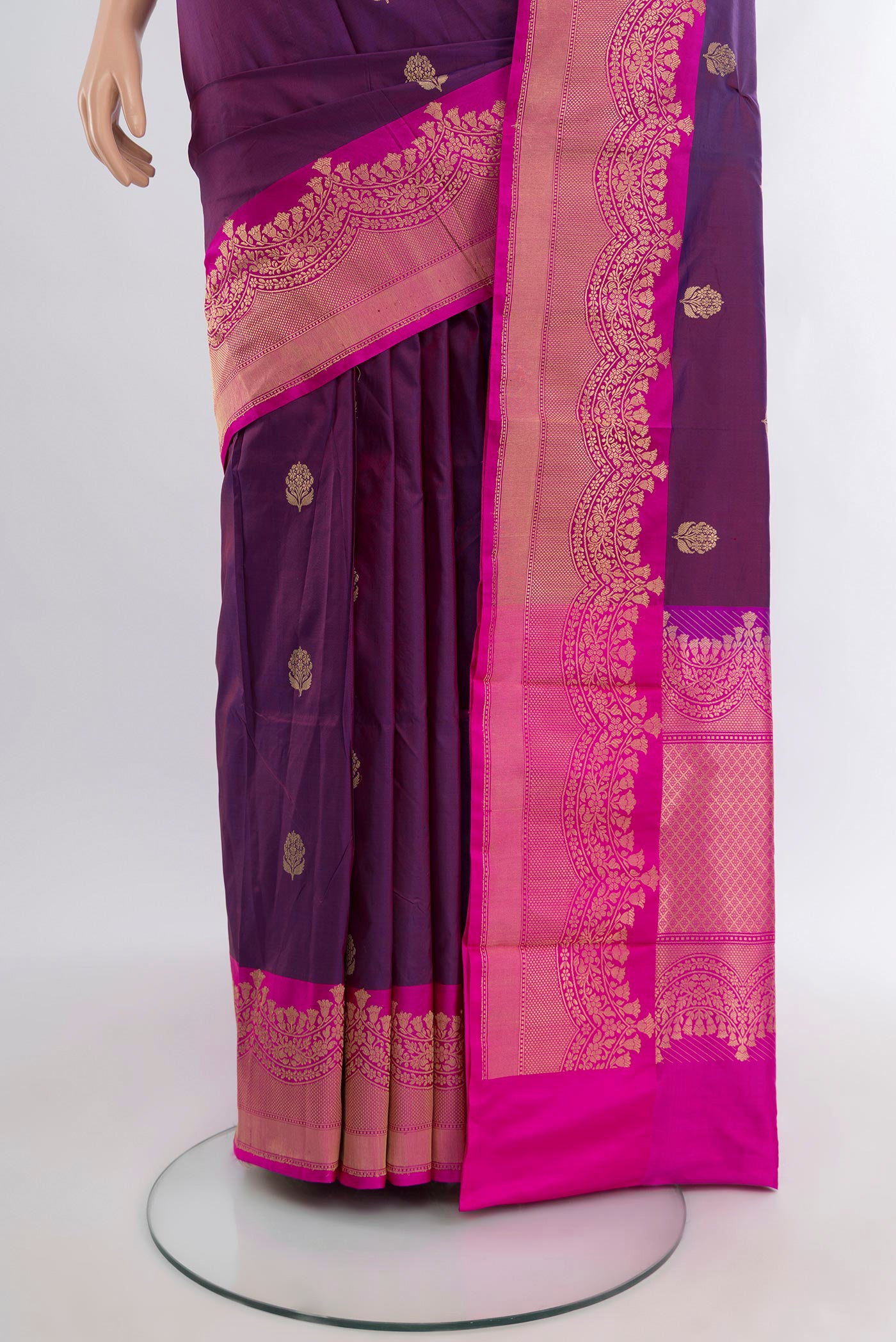 Pleats and pallu of Purple Banarasi Katan Silk Saree with Zari Butta on the body and Zari Border. 