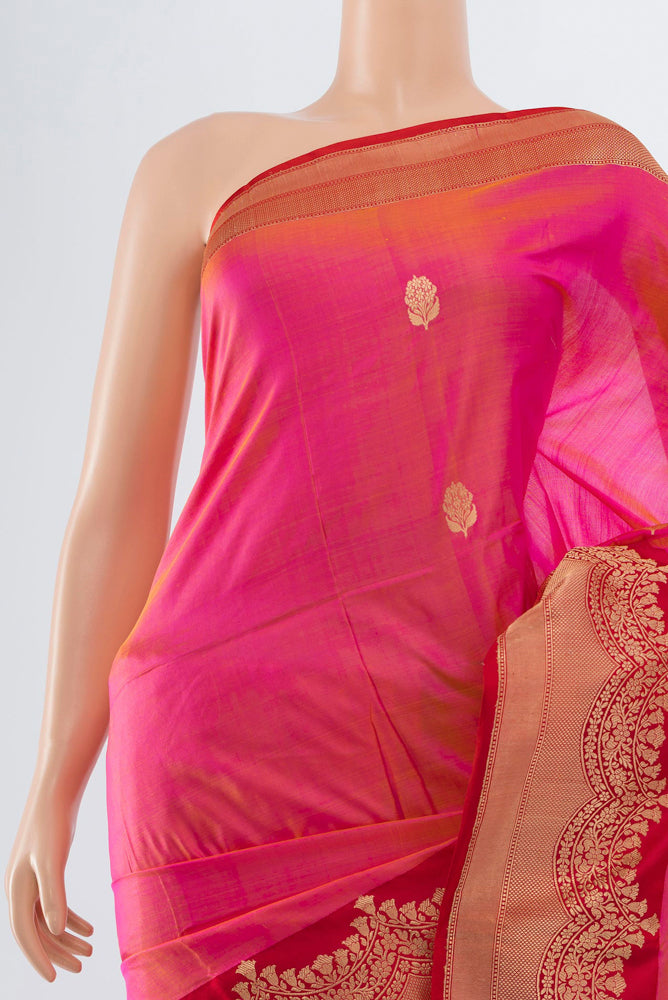 Border image of Rose pink Banarasi Katan Silk Saree with Zari Butta on the body and Silk Border. 