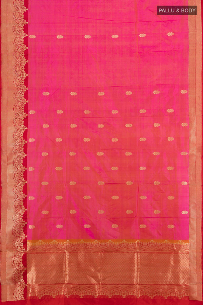 Flat view of Rose pink Banarasi Katan Silk Saree with Zari Butta on the body and Silk Border. 
