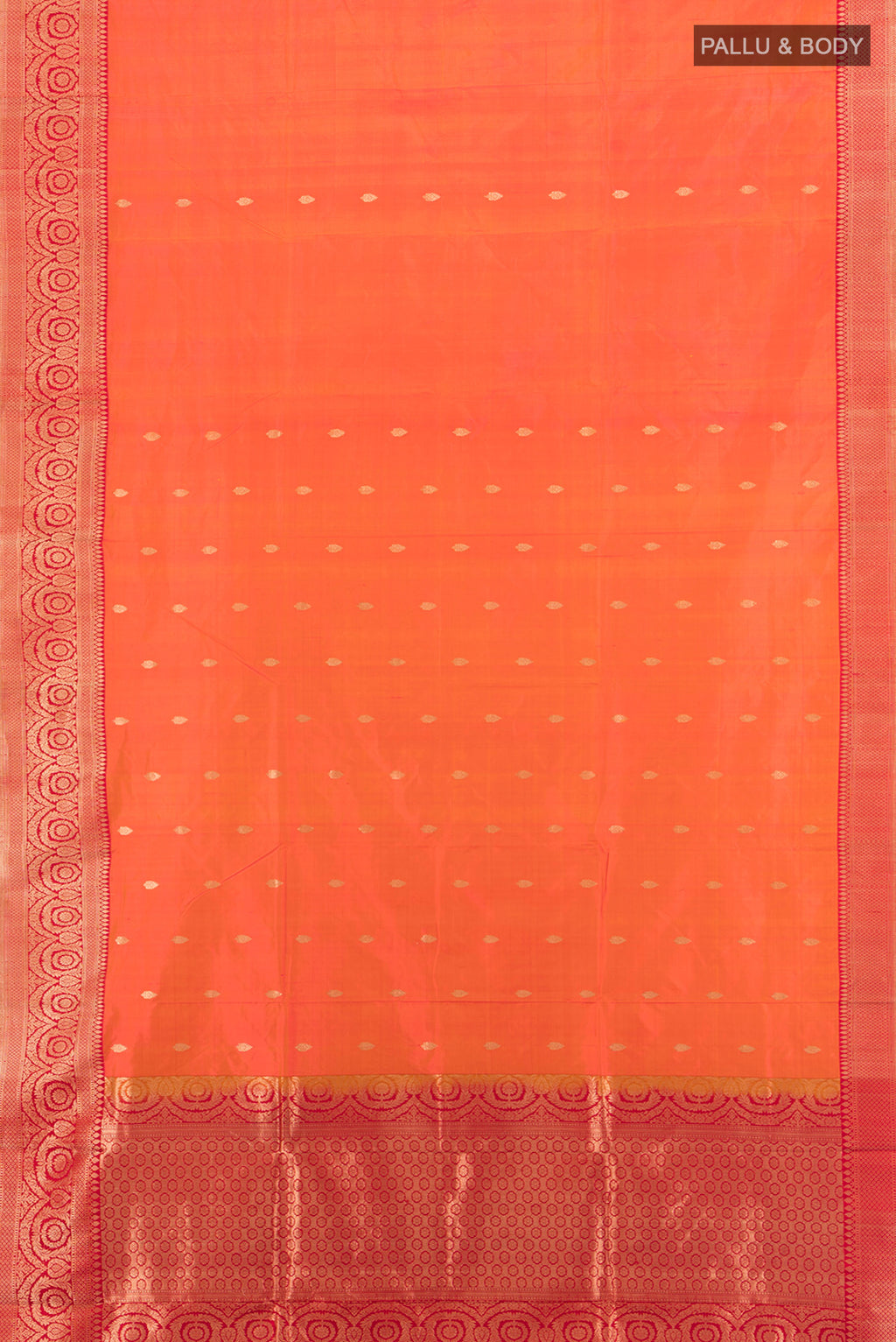 Flat view of Peach Banarasi Katan Silk Saree with Zari Butta on the body and Zari Border. 