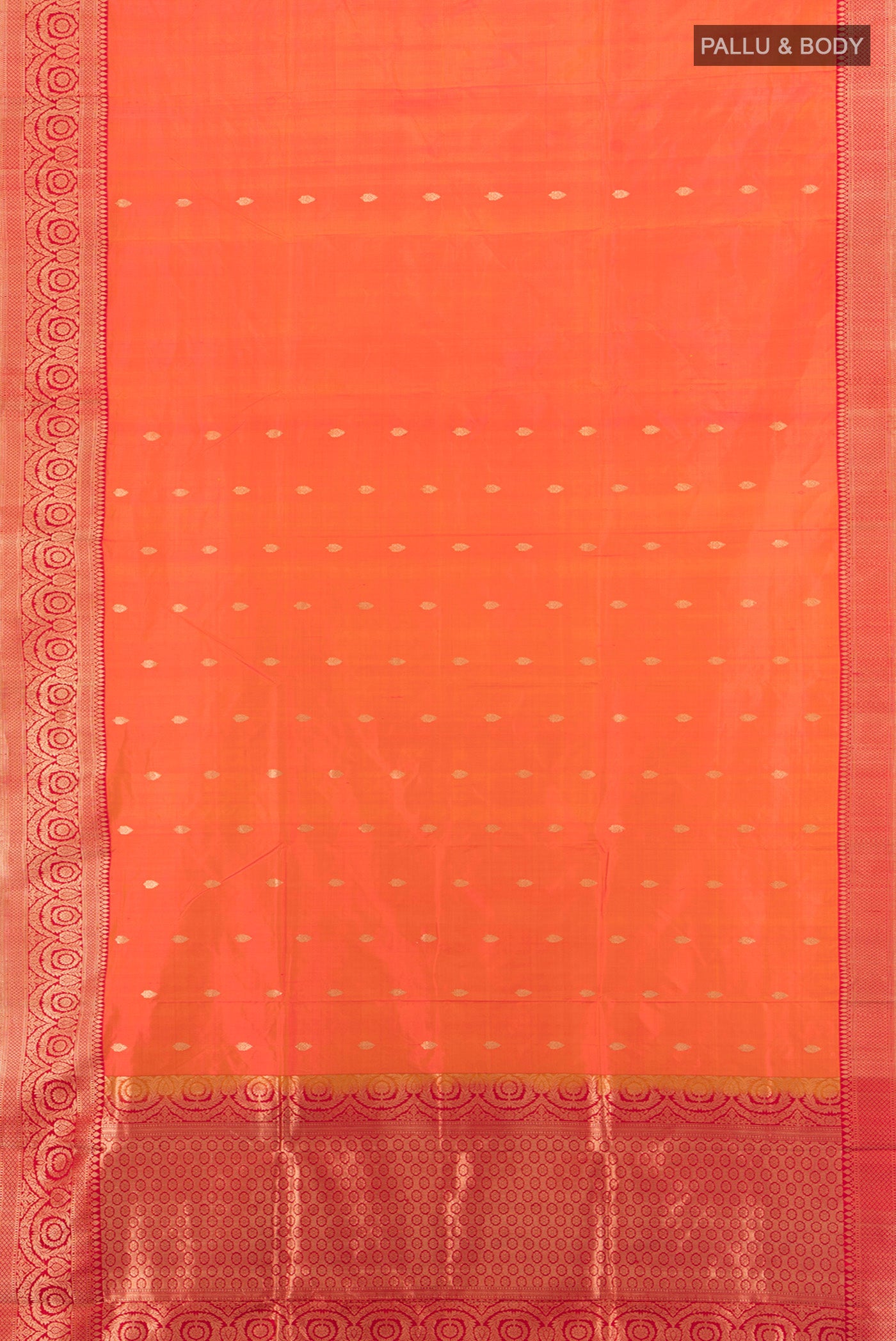 Flat view of Peach Banarasi Katan Silk Saree with Zari Butta on the body and Zari Border. 