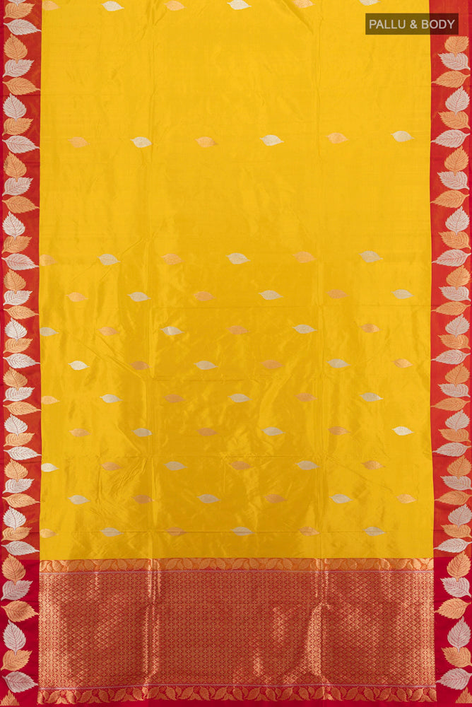 Flat view of Yellow Banarasi Katan Silk Saree with Zari Butta on the body and Silk Border. 