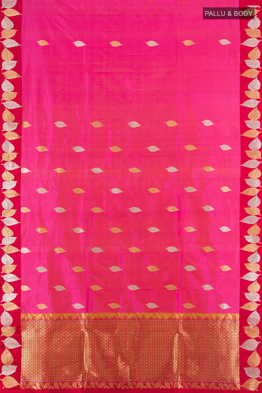 Flat view of Pure Silk Rani Pink Banarasi Katan Saree with Zari Butta on the body and Zari Border. 
