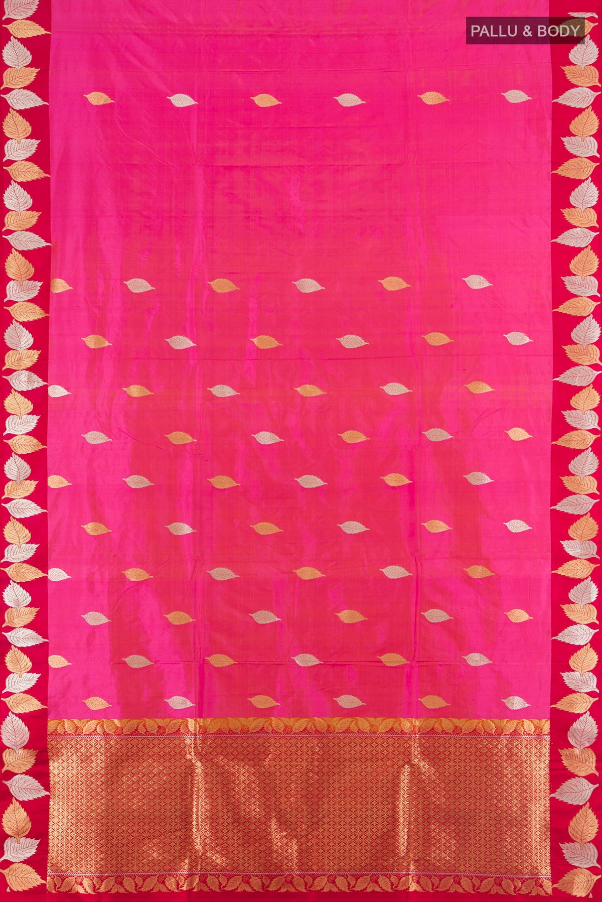 Flat view of Pure Silk Rani Pink Banarasi Katan Saree with Zari Butta on the body and Zari Border. 