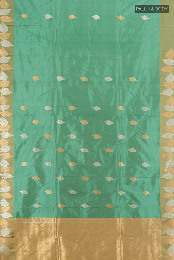 Flat view of Olive Green Banarasi Katan Silk Saree with Zari Butta on the body and Silk Border. 
