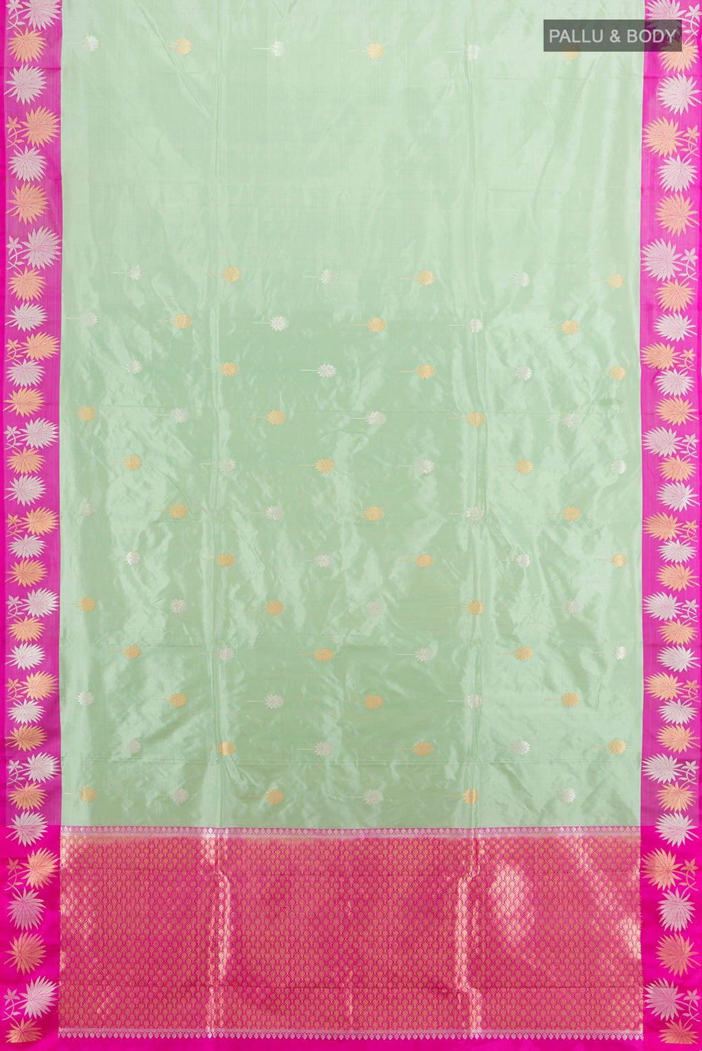 Flat view of Pure Silk Pista Green Banarasi Katan Saree with Zari Butta on the body and Zari Border. 