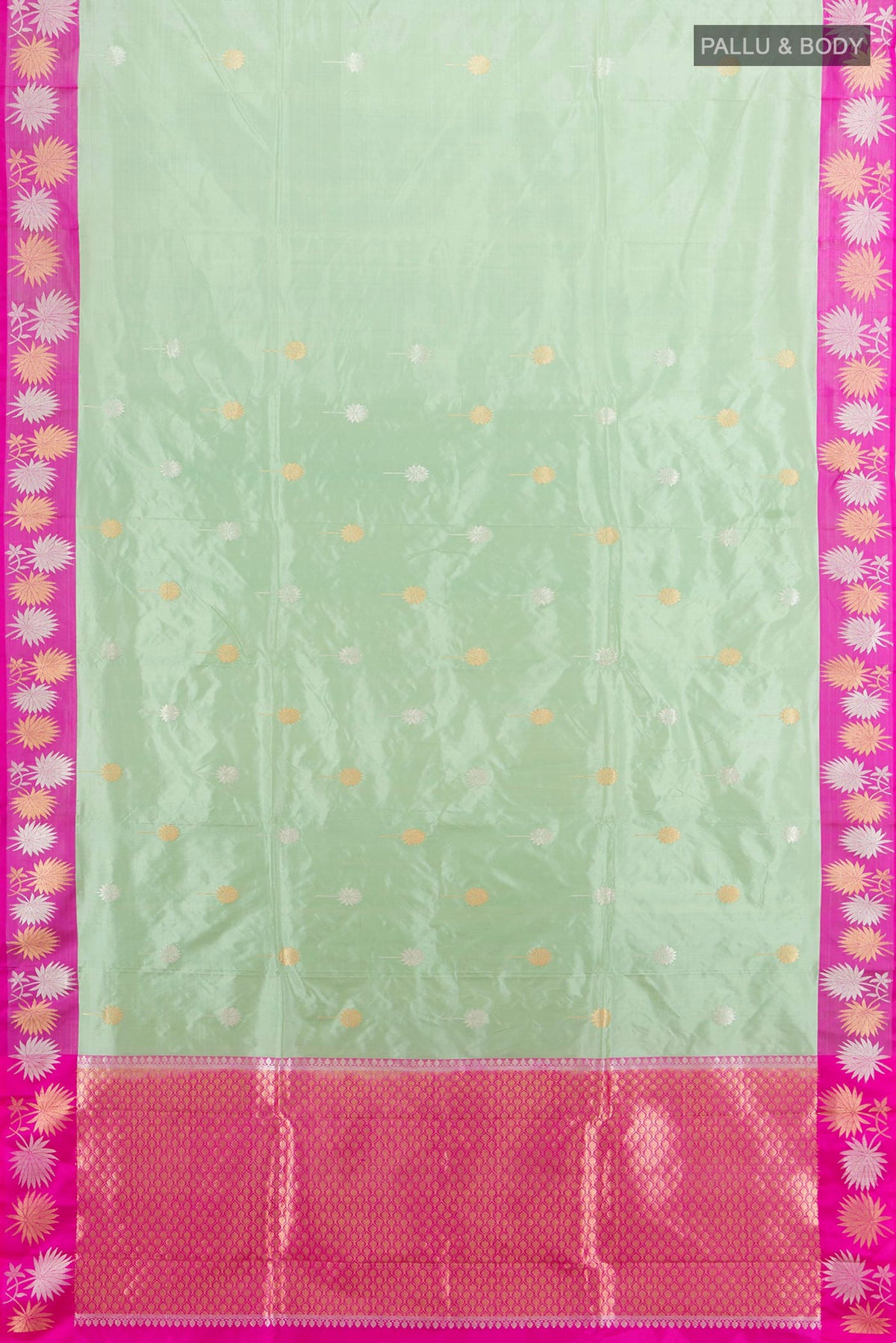 Flat view of Pure Silk Pista Green Banarasi Katan Saree with Zari Butta on the body and Zari Border. 
