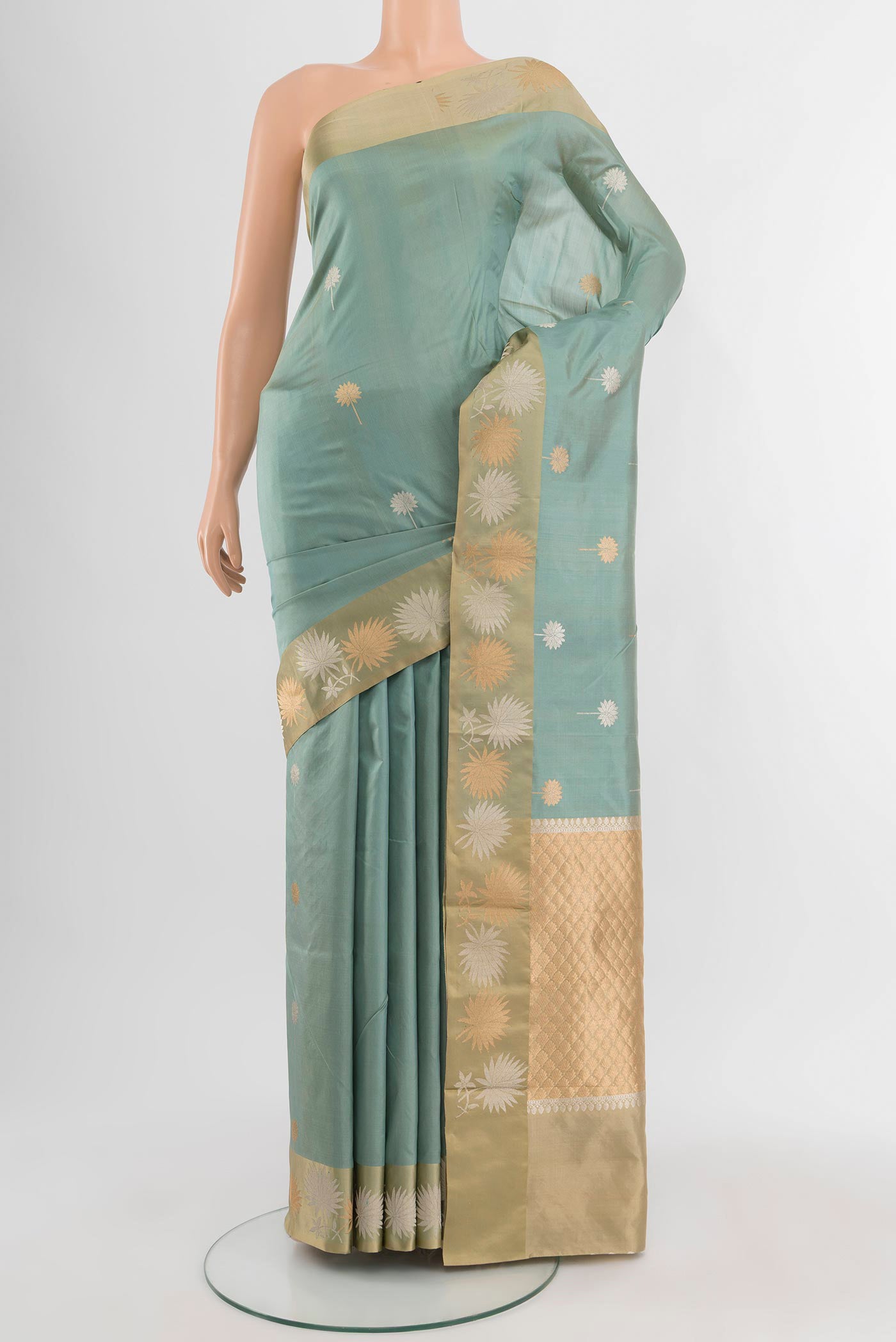 Davys Grey Banarasi Katan Silk Saree with Zari Butta on the body and Plain Border.  displayed on a mannequin