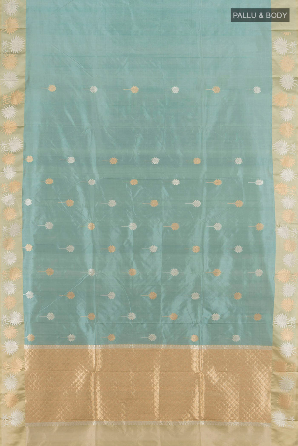 Flat view of Davys Grey Banarasi Katan Silk Saree with Zari Butta on the body and Plain Border. 