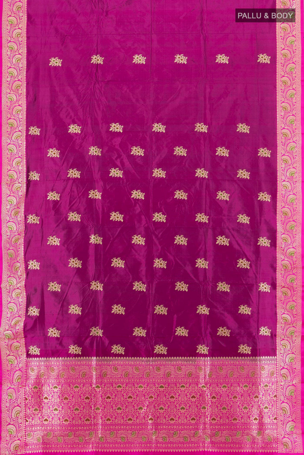 Flat view of Purple Banarasi Katan Silk Saree with Zari Butta on the body and Silk Border. 