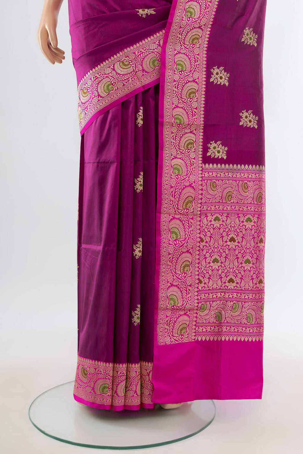 Pleats and pallu of Purple Banarasi Katan Silk Saree with Zari Butta on the body and Silk Border. 