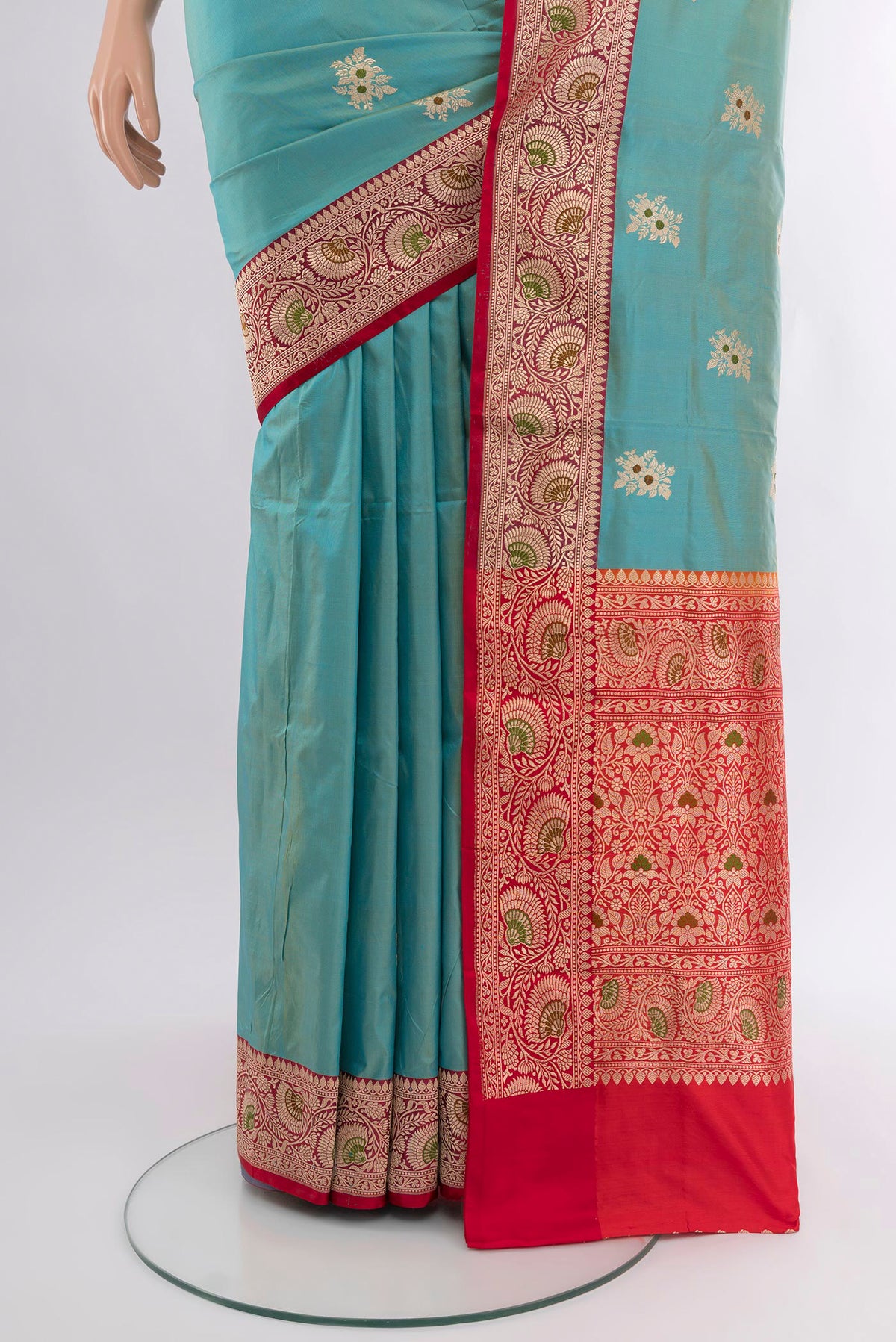 Pleats and pallu of Light Blue Banarasi Katan Silk Saree with Zari Butta on the body and Zari Border. 