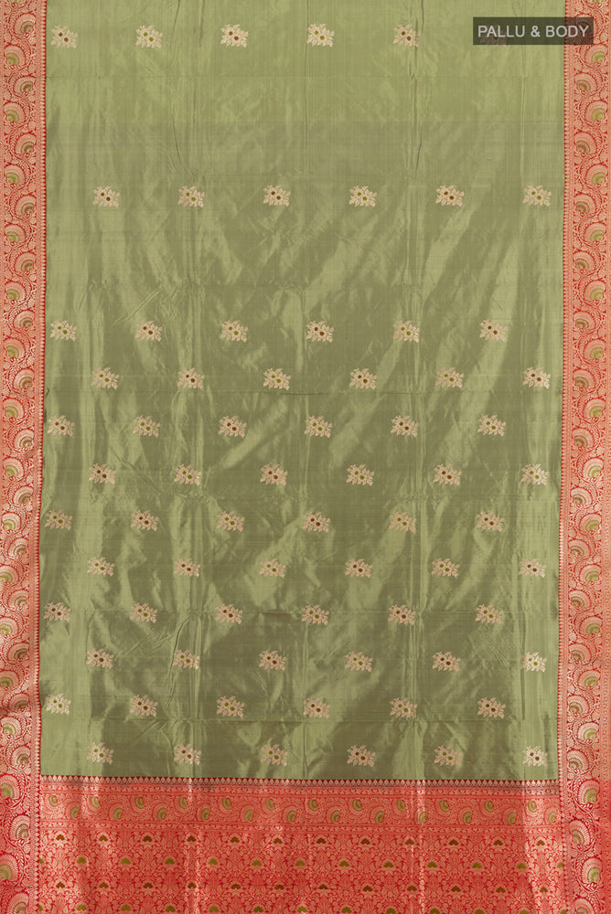 Flat view of Light Green Banarasi Katan Silk Saree with Zari Butta on the body and Silk Border. 