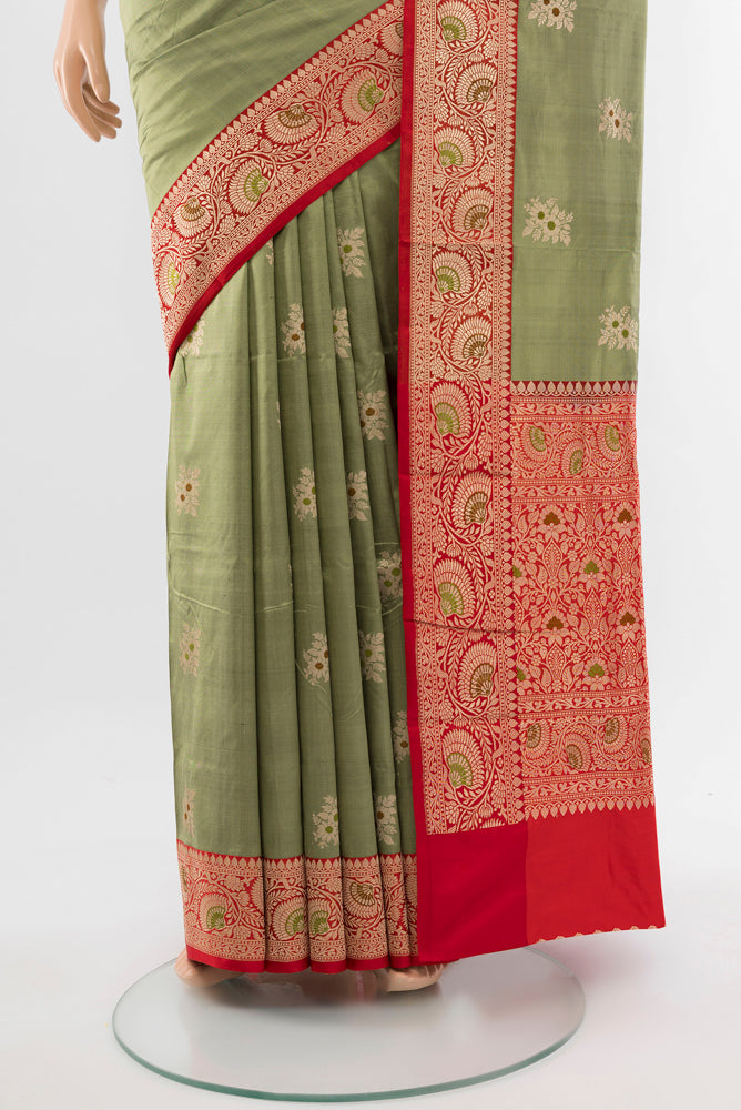 Pleats and pallu of Light Green Banarasi Katan Silk Saree with Zari Butta on the body and Silk Border. 