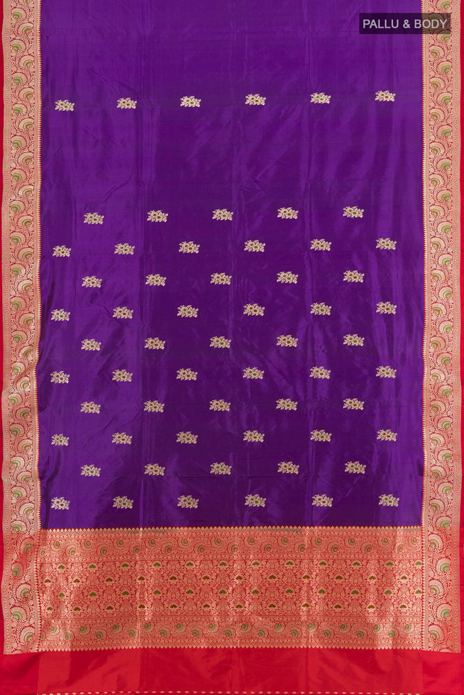 Flat view of Violet Banarasi Katan Silk Saree with Zari Butta on the body and Silk Border. 