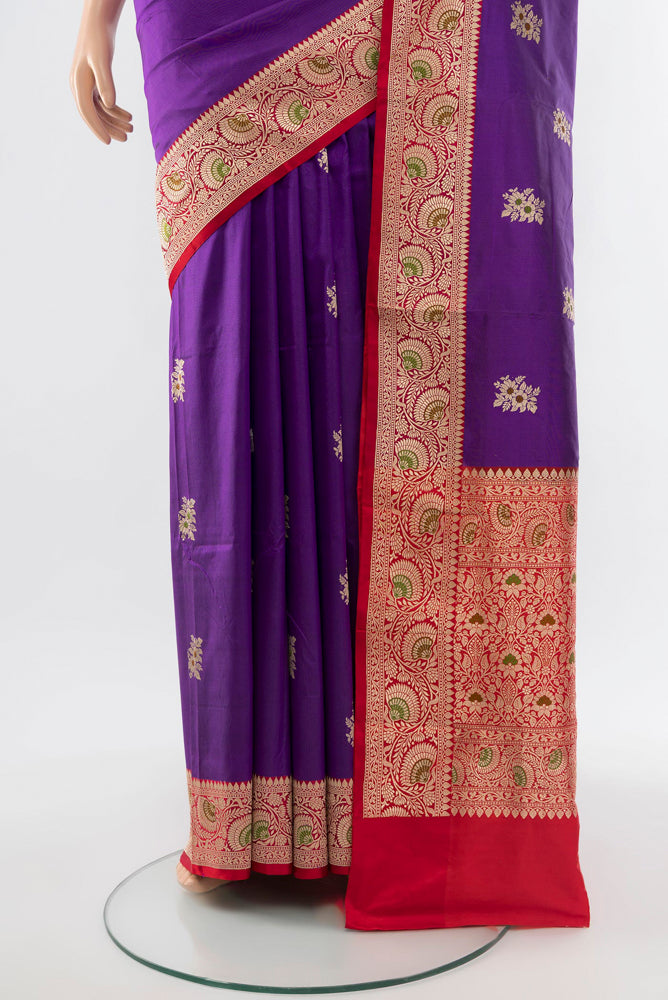 Pleats and pallu of Violet Banarasi Katan Silk Saree with Zari Butta on the body and Silk Border. 