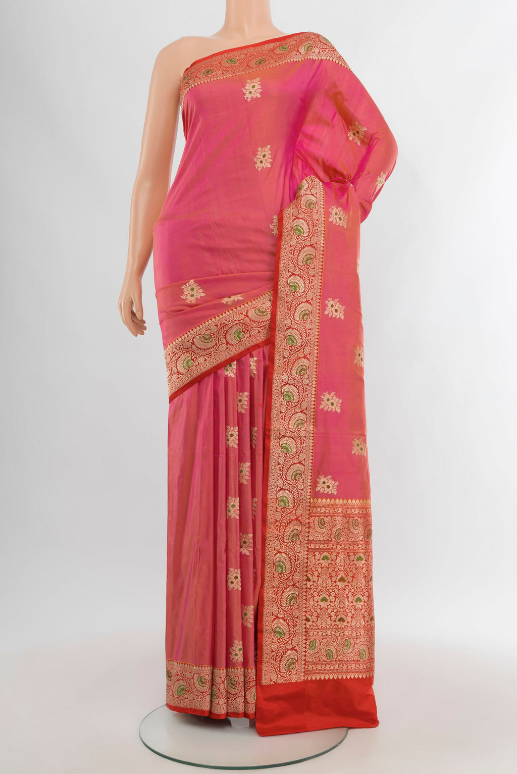Pink Banarasi Katan Silk Saree with Zari Butta on the body and Zari Border.  displayed on a mannequin