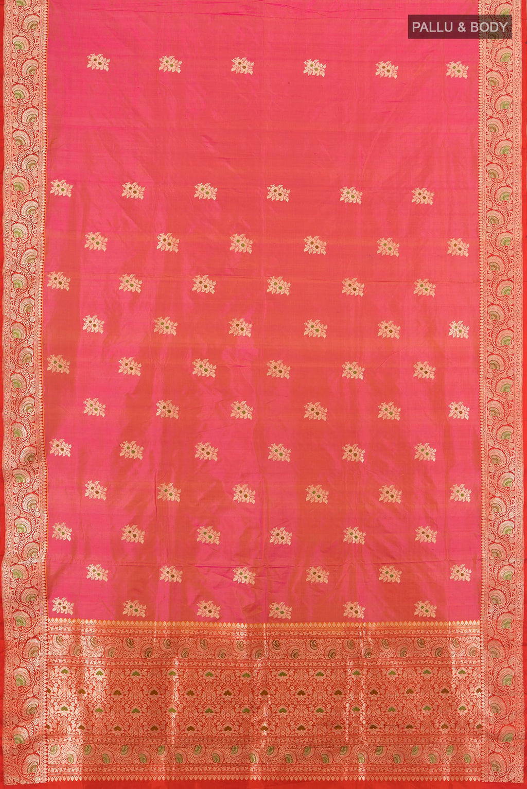 Flat view of Pink Banarasi Katan Silk Saree with Zari Butta on the body and Zari Border. 