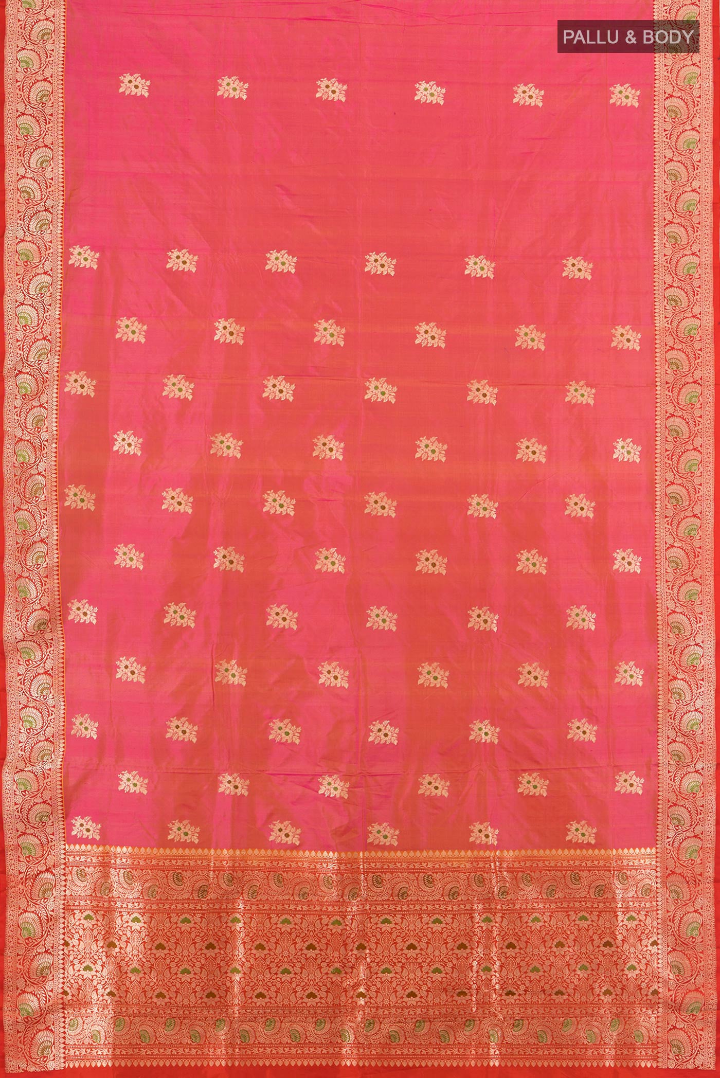 Flat view of Pink Banarasi Katan Silk Saree with Zari Butta on the body and Zari Border. 