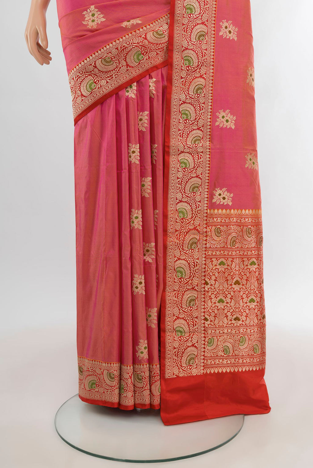 Pleats and pallu of Pink Banarasi Katan Silk Saree with Zari Butta on the body and Zari Border. 