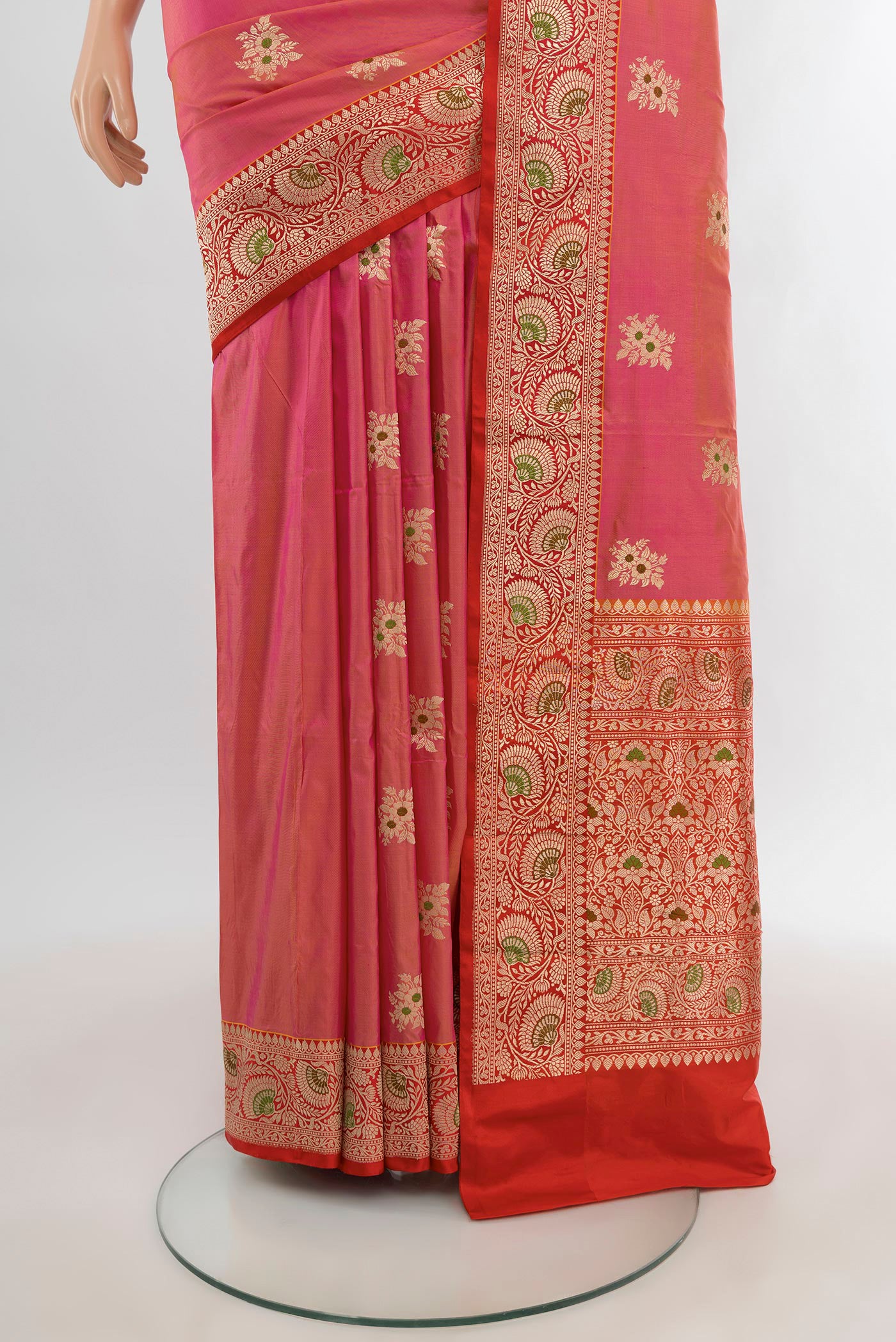 Pleats and pallu of Pink Banarasi Katan Silk Saree with Zari Butta on the body and Zari Border. 