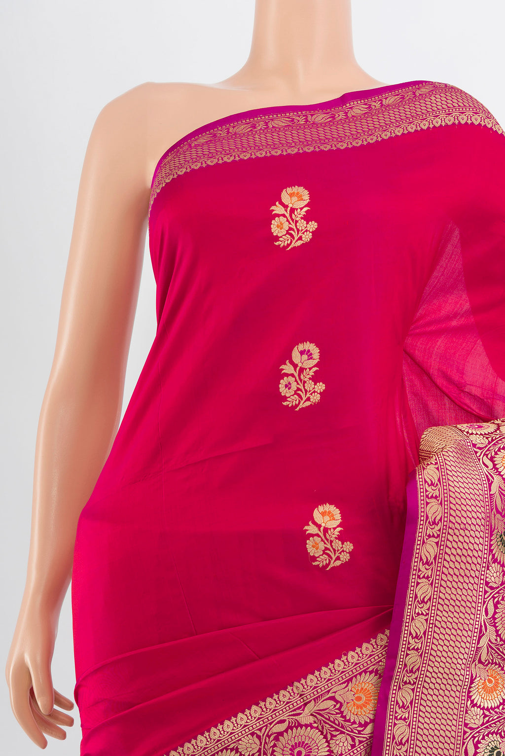 Border image of Dark Pink Baluchari Silk Saree with Zari Butta on the body and Silk Border. 