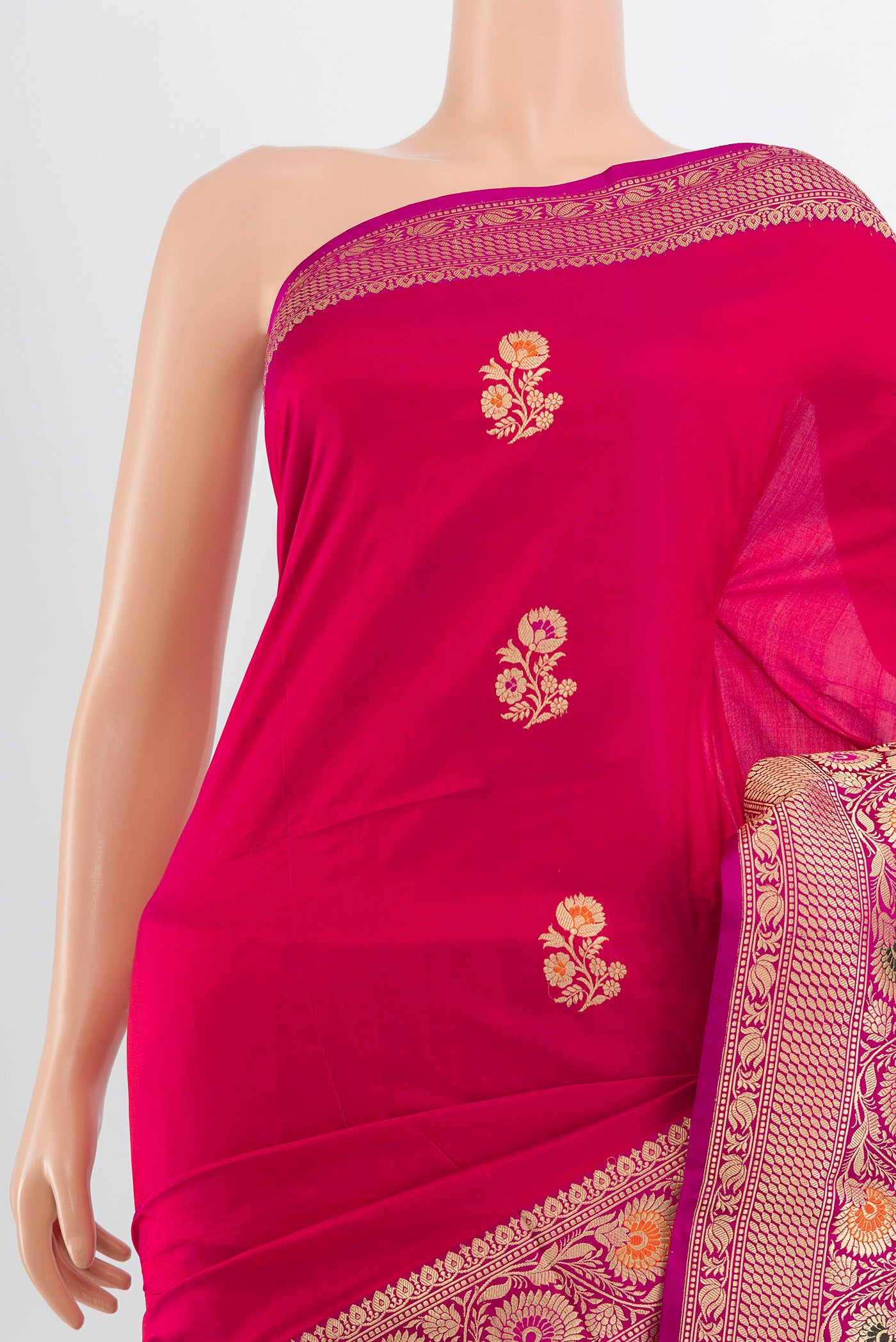 Border image of Dark Pink Baluchari Silk Saree with Zari Butta on the body and Silk Border. 
