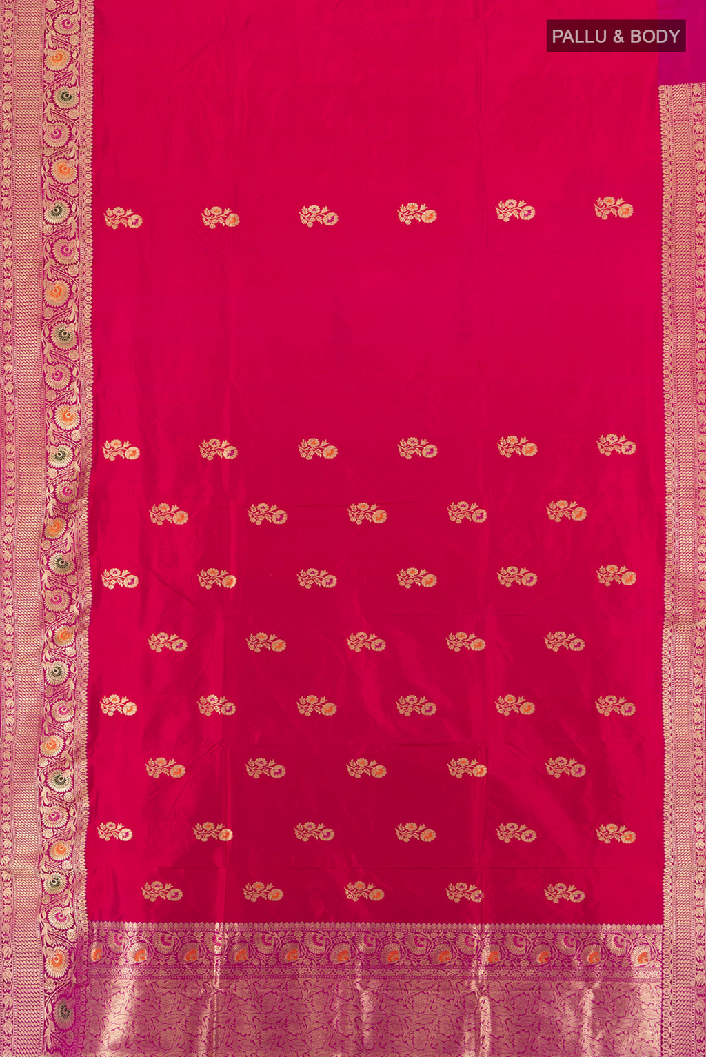 Flat view of Dark Pink Baluchari Silk Saree with Zari Butta on the body and Silk Border. 