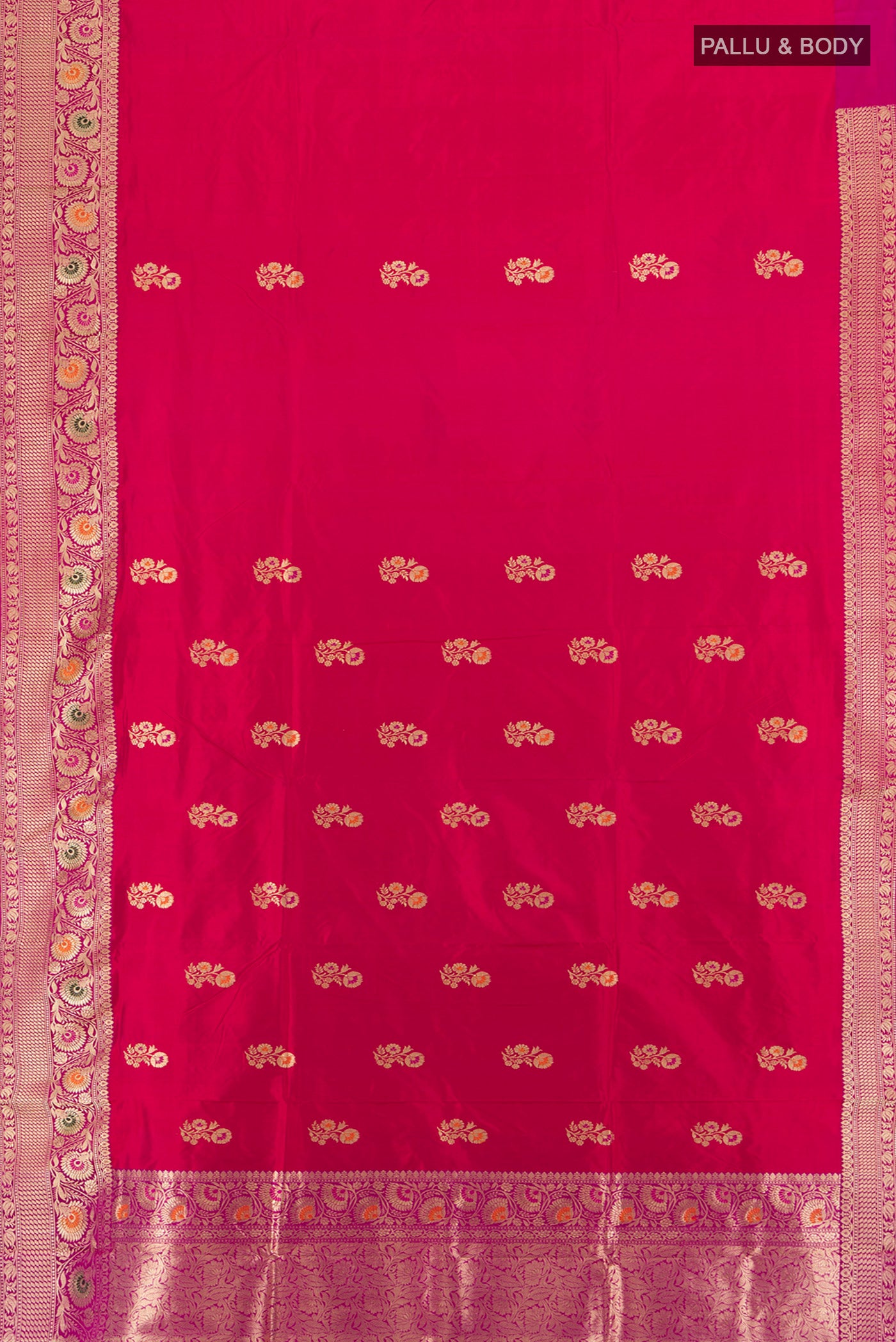 Flat view of Dark Pink Baluchari Silk Saree with Zari Butta on the body and Silk Border. 