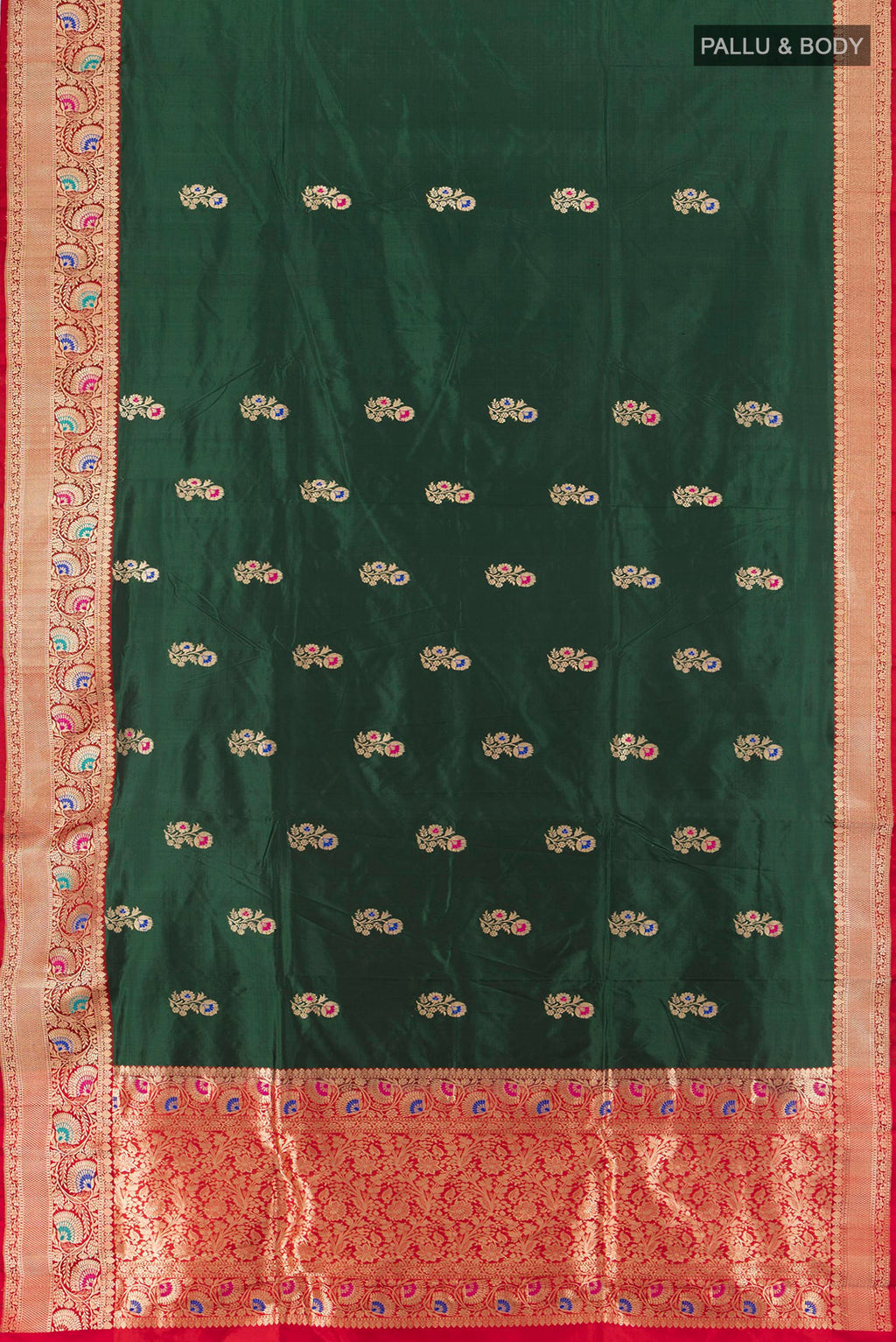 Flat view of Bottle Green Banarasi Katan Silk Saree with Zari Butta on the body and Zari Border. 
