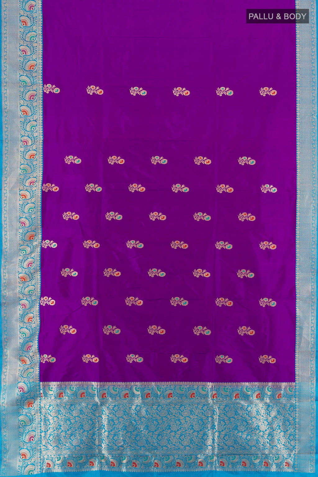 Flat view of Purple Banarasi Katan Silk Saree with Zari Butta on the body and Zari Border. 