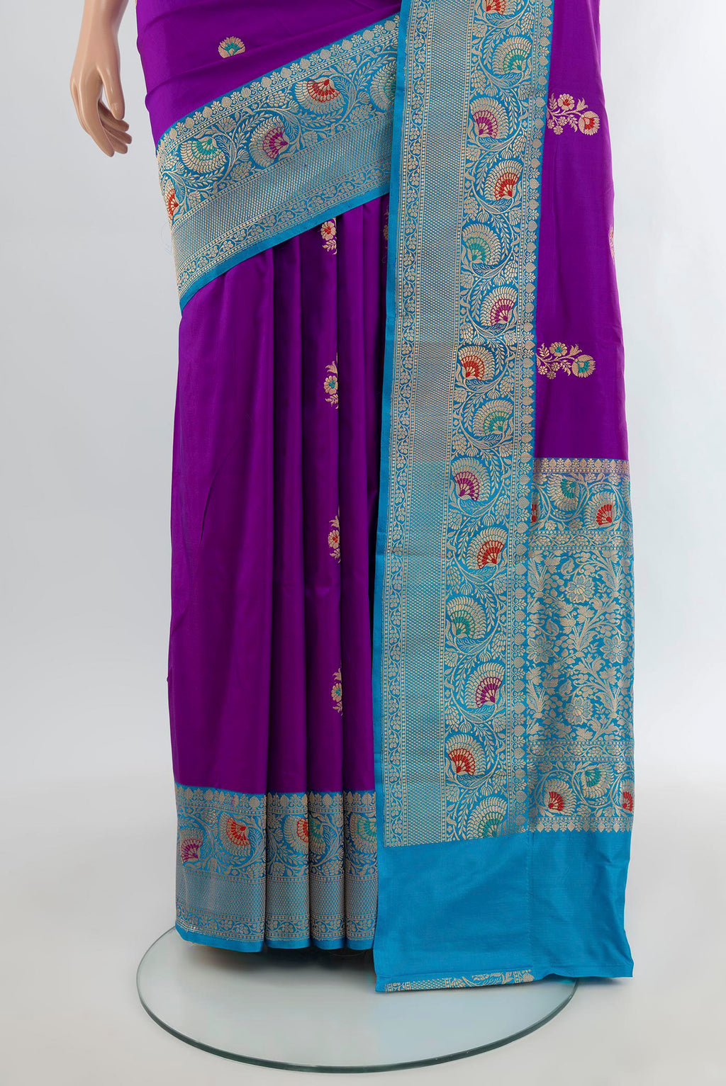 Pleats and pallu of Purple Banarasi Katan Silk Saree with Zari Butta on the body and Zari Border. 