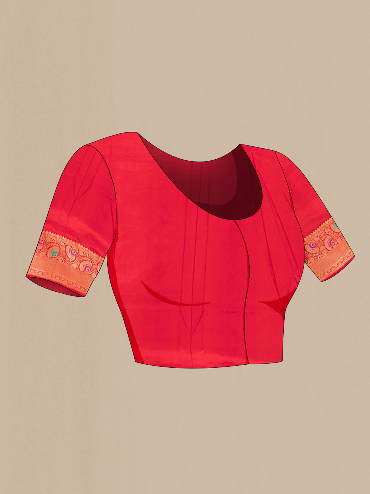 Close up image of the blouse of Pure Silk Pink Banarasi Katan Saree with Zari Butta on the body and Zari Border. 