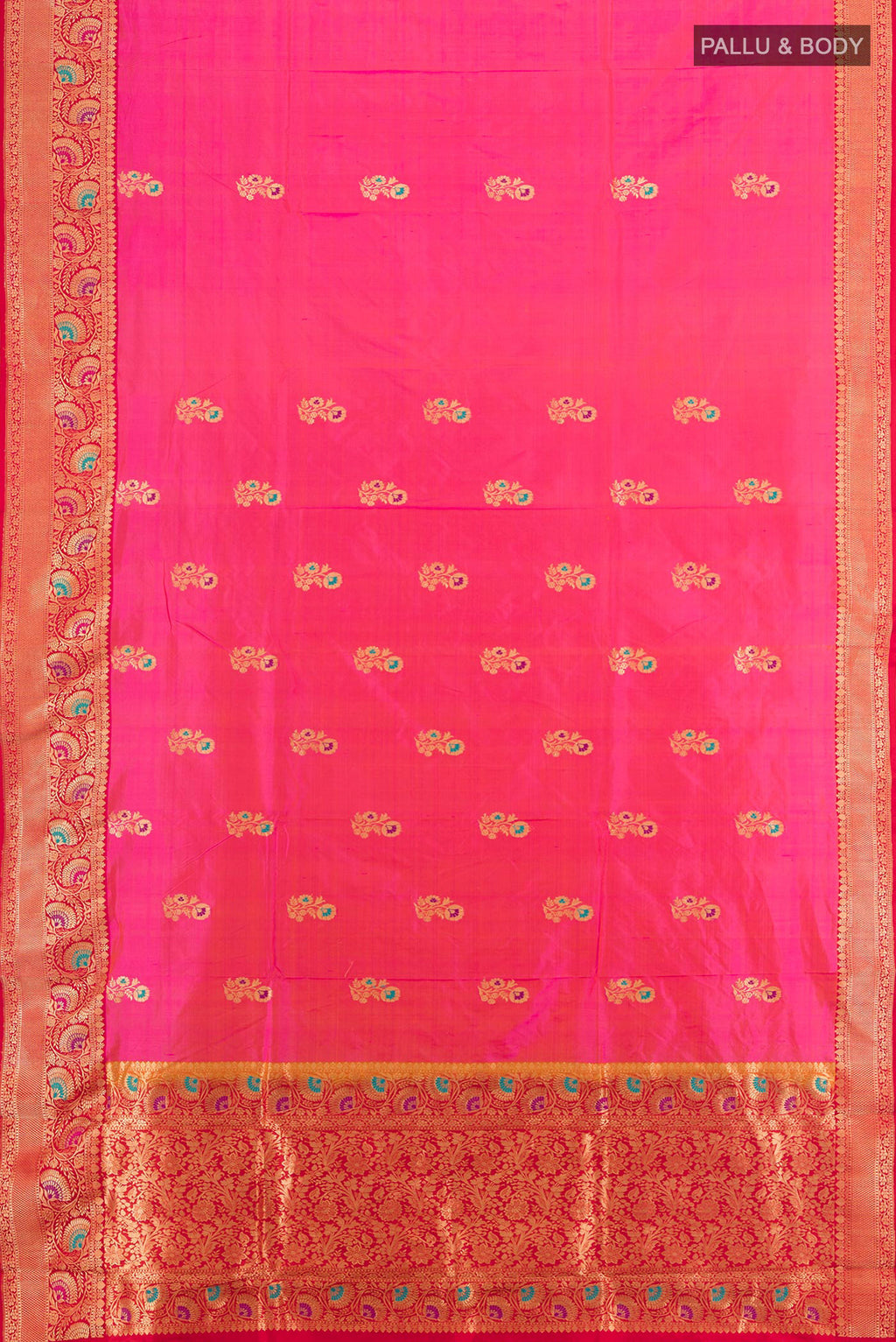 Flat view of Pure Silk Pink Banarasi Katan Saree with Zari Butta on the body and Zari Border. 