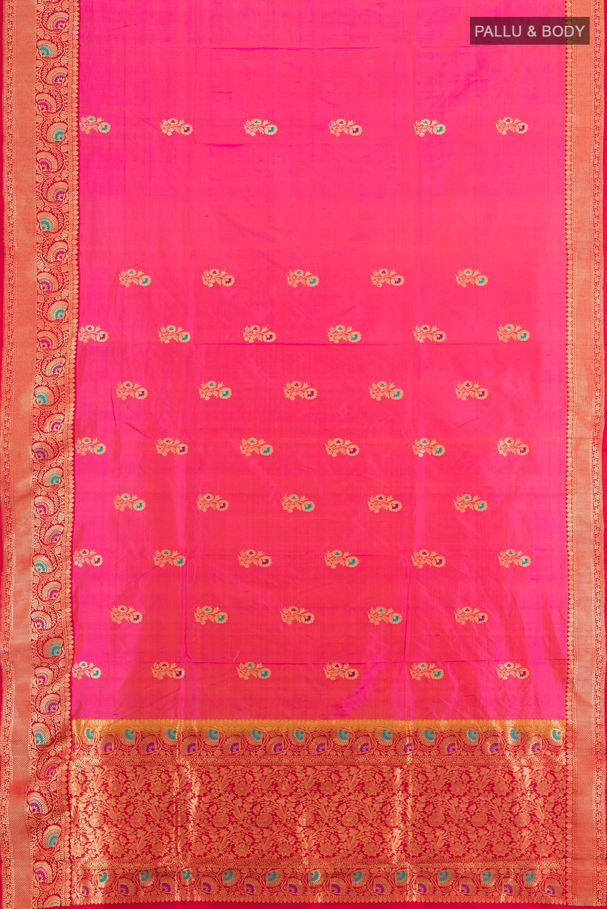 Flat view of Pure Silk Pink Banarasi Katan Saree with Zari Butta on the body and Zari Border. 