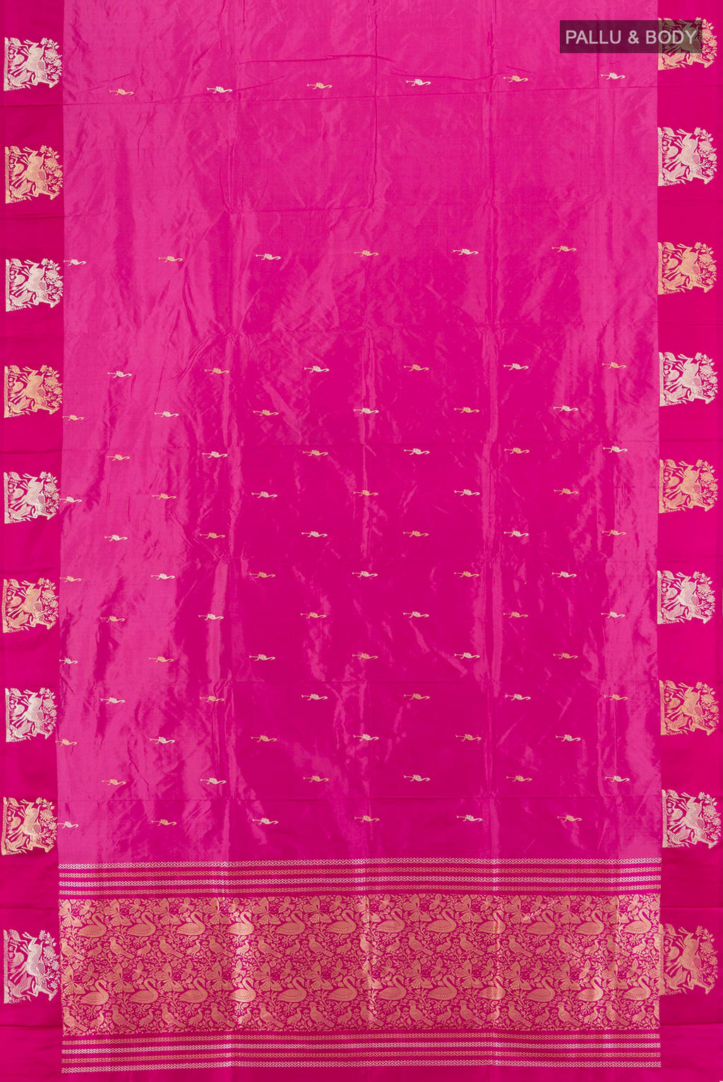 Flat view of Bronze Banarasi Katan Silk Saree with Zari Butta on the body and Silk Border. 