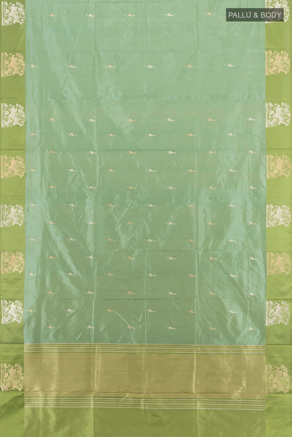Flat view of Sage Green Banarasi Katan Silk Saree with Zari Butta on the body and Temple Thread Border. 
